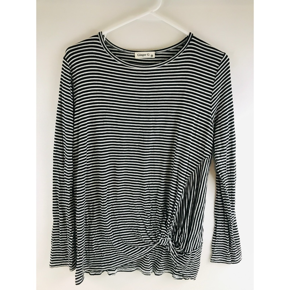Ginger G Shirt Women's Size M Black White Striped Round Neck Twist front side